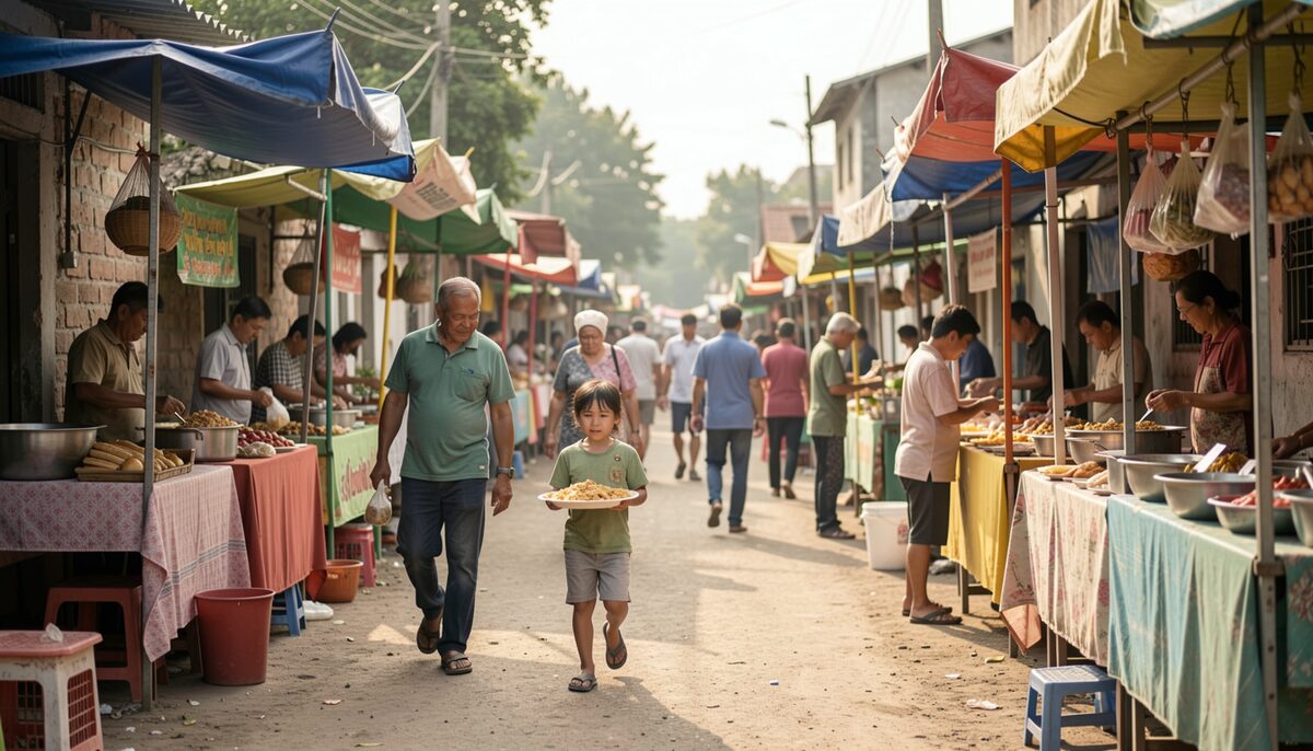 A village street lined with food stalls and canopies, families walking between them, one child carrying a paper plate of food.