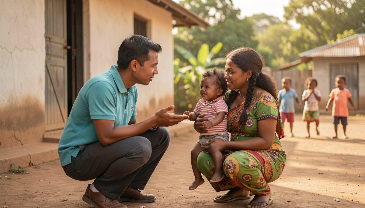A community health worker in a plain polo shirt crouches to talk with a young mother holding a toddler in front of a village house, the two at eye level, children playing in the yard behind, warm afternoon light. Plain solid-colour clothing with no print or lettering; no signage, no poster, no paper, no lettering anywhere in the frame.