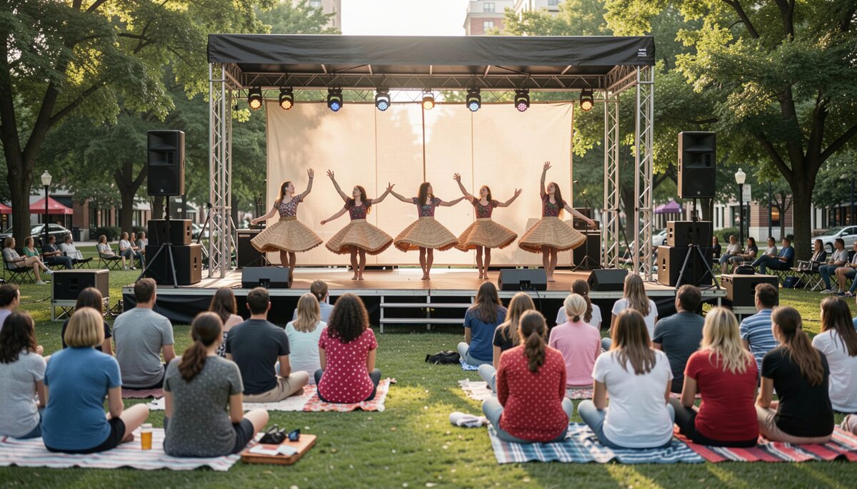 A city park stage with dancers in woven skirts mid-performance and a crowd seated on blankets in front.
