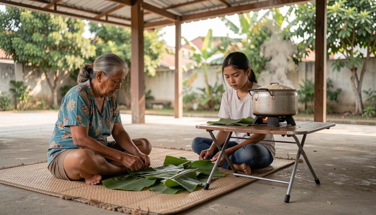 An older woman and a teenage girl sit on a woven mat under a carport, sorting banana leaves onto a folding table while a rice pot steams nearby.