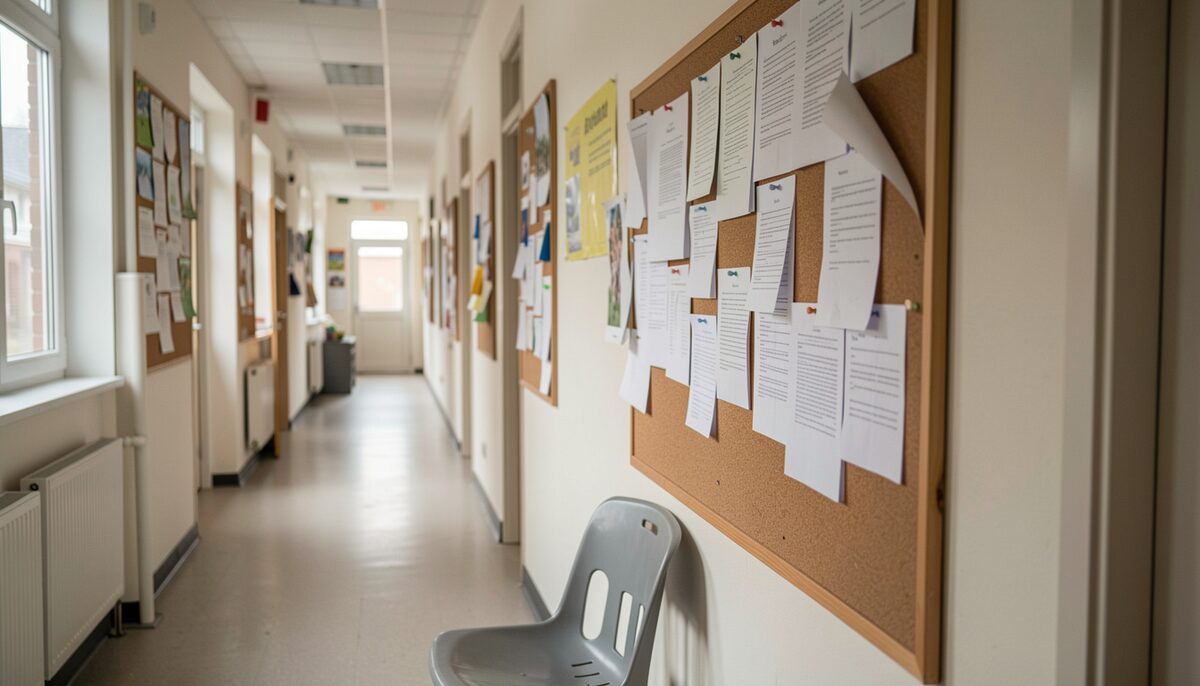 A cork noticeboard in a community centre corridor covered in overlapping sheets of paper, one corner peeling, with a plastic chair below.