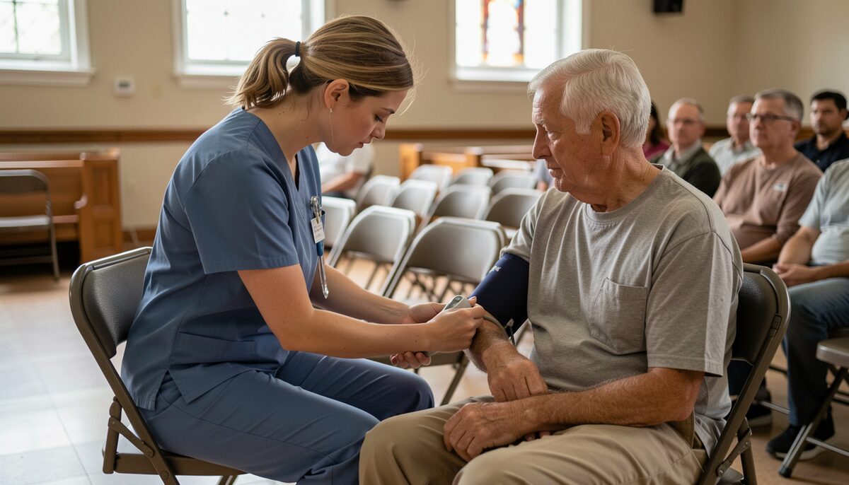 A nurse in scrubs checks a blood pressure cuff on an older man seated in a folding chair inside a church hall, with a queue of chairs behind them.