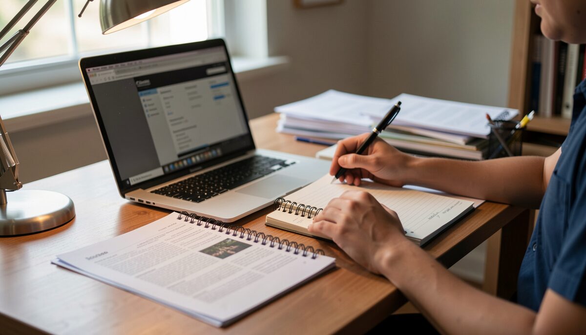 A researcher at a desk with a laptop, a spiral notebook and several photocopied pages spread out under a lamp.