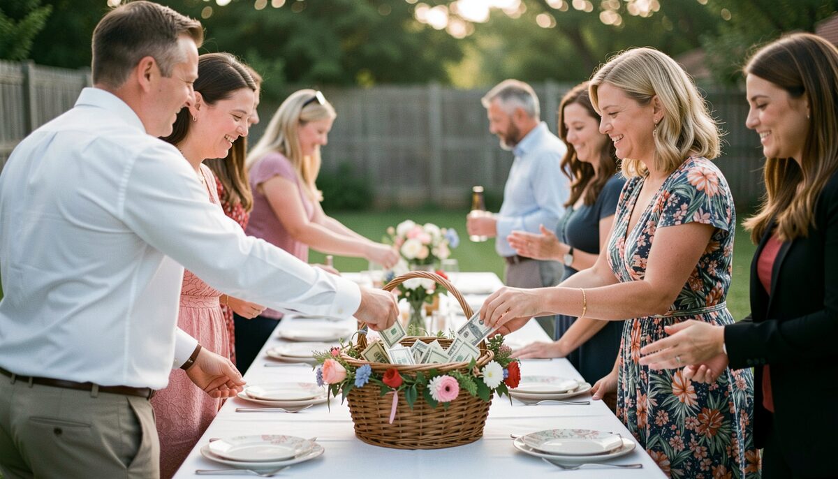 Guests file past a table at a backyard party, placing folded bills into a decorated basket while a woman greets each one.